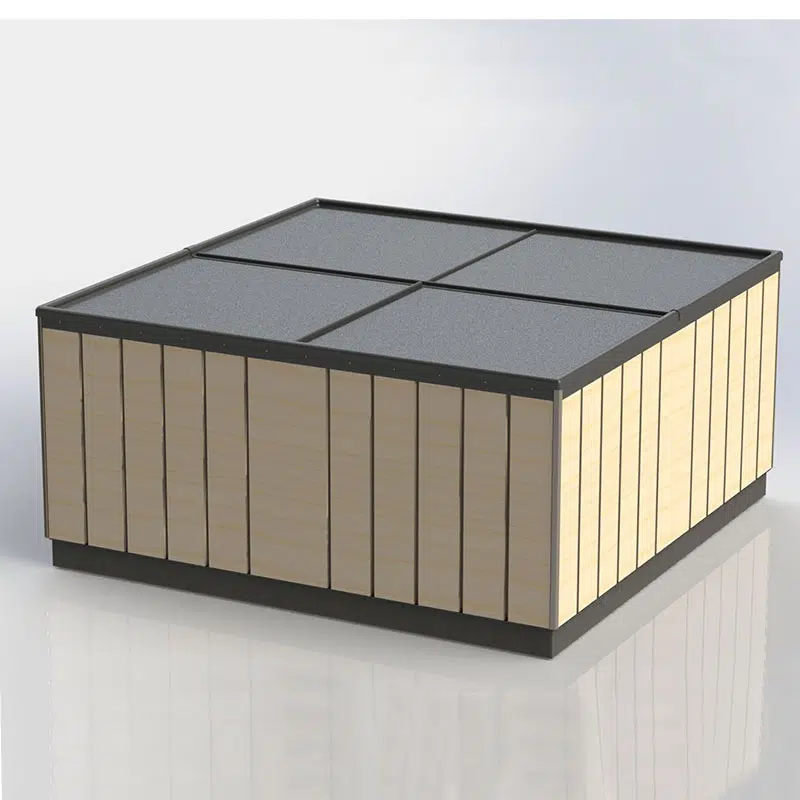 A square box with four sections on top of it.