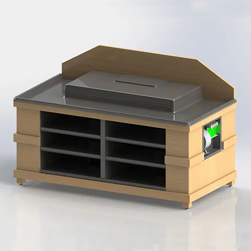 A wooden box with four compartments on top of it.