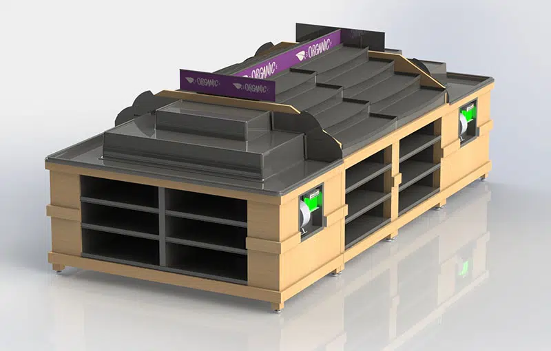 A model of the building with a purple sign on top.