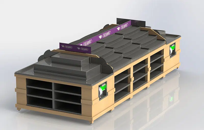 A model of the building with a purple sign on top.