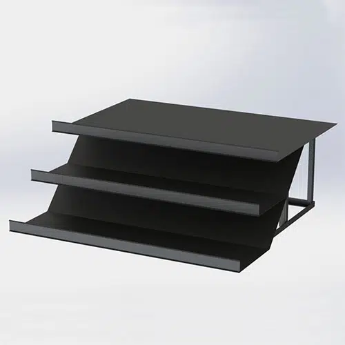 A black shelf with three levels on top of it.