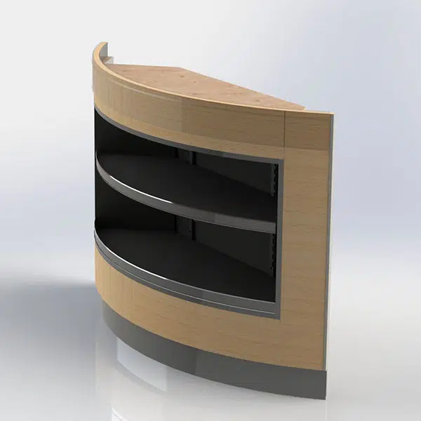 A curved counter with two shelves and a metal frame.